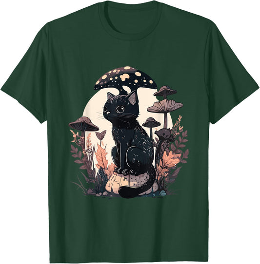 Cottagecore Aesthetic Cat with Mushroom Hat Morels Kawaii Men Women Kids T-Shirt - T-Shirt | Forest