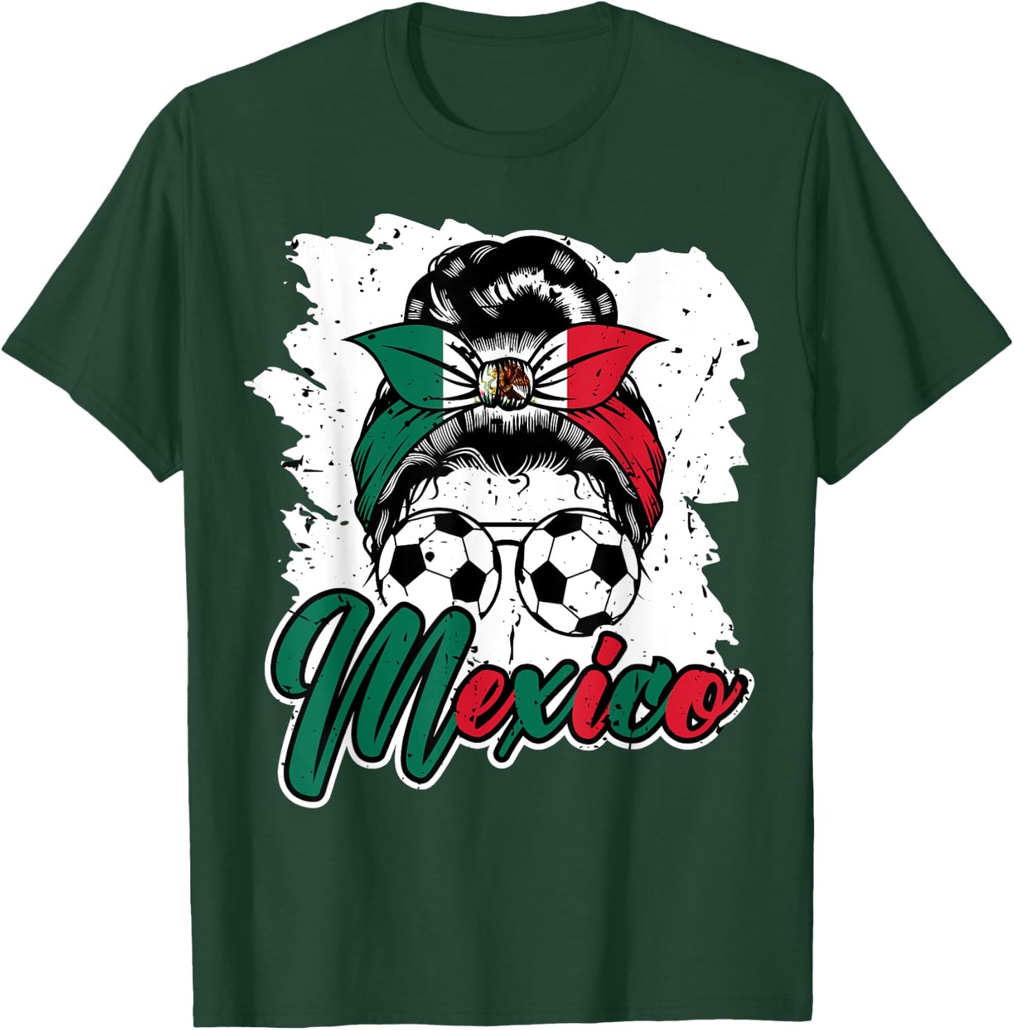 Soccer Mexico Messy Bun Mexican Flag Football Girls Women T-Shirt - T-Shirt | Forest
