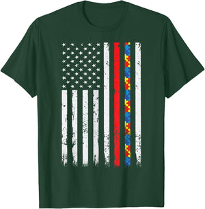 Thin Red Line Firefighter Support Autism 4th July Flag Shirt T-Shirt - T-Shirt | Forest