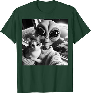 Cute Alien Cat Selfie Funny UFO Earth Photo Women Girls Kids T-Shirt - T-Shirt | Forest