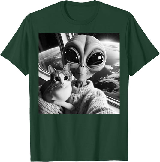 Cute Alien Cat Selfie Funny UFO Earth Photo Women Girls Kids T-Shirt - T-Shirt | Forest