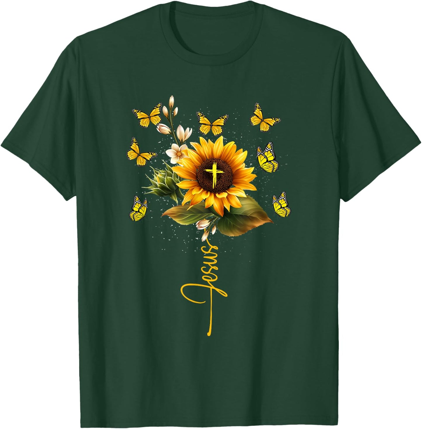 Sunflower Jesus Cross Butterflies Art Religious Christian T-Shirt - T-Shirt | Forest