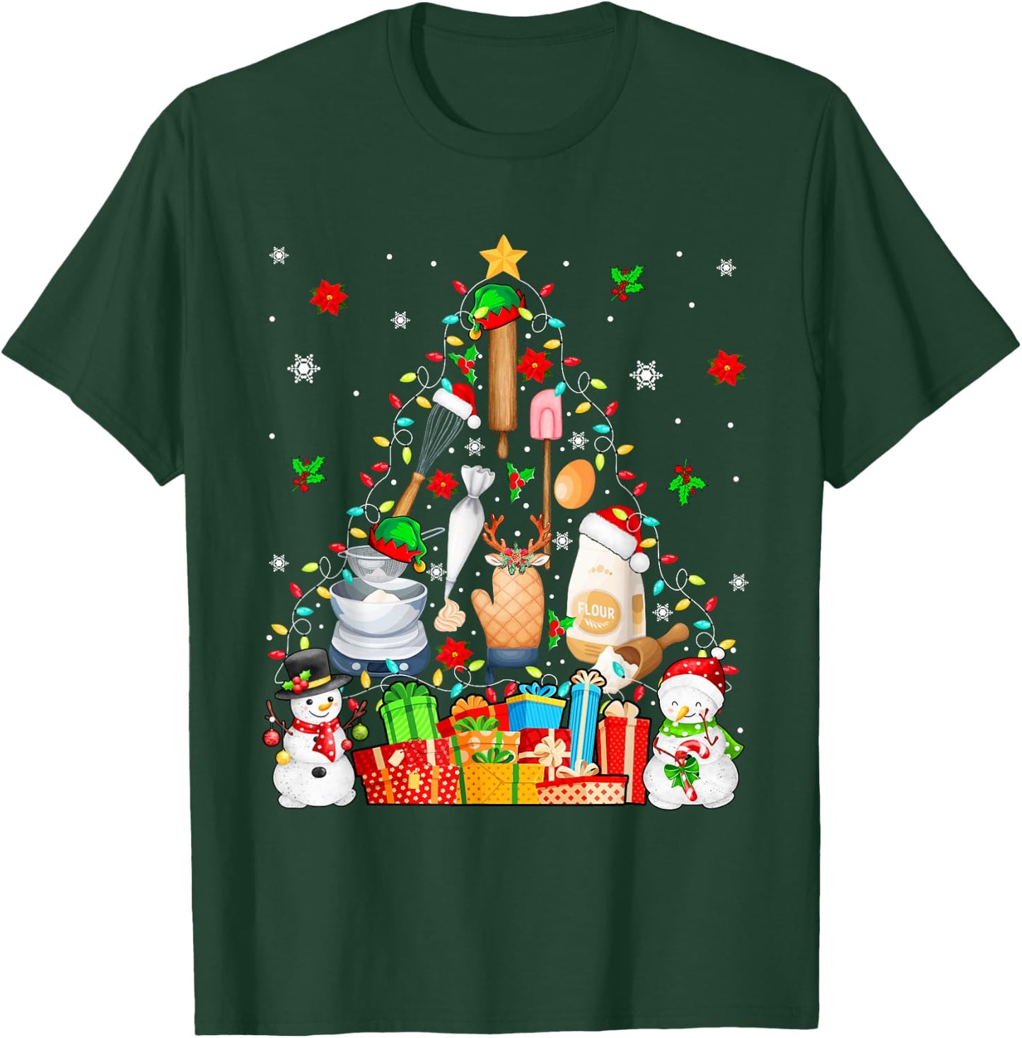 Baking Tools As Christmas Tree Xmas Lights Snowmen Baker T-Shirt - T-Shirt | Forest