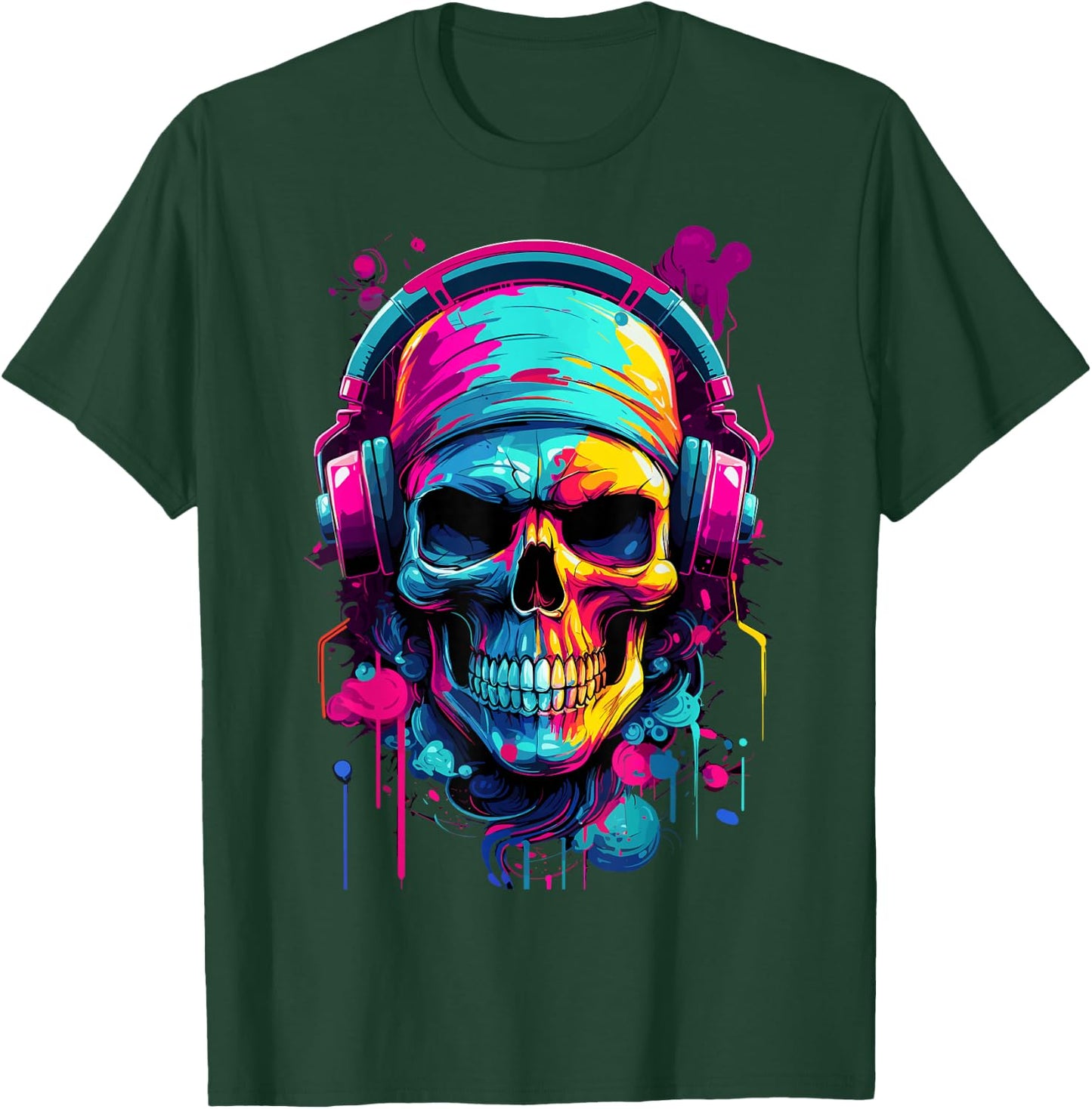 Colorful Skull With Headphones - Music Themed Horror T-Shirt - T-Shirt | Forest