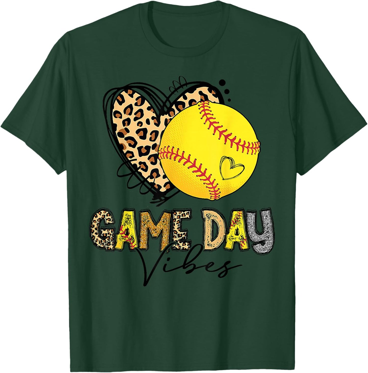 Bleached Softball Game Day Vibes Leopard Heart Headband Mom T-Shirt - T-Shirt | Forest