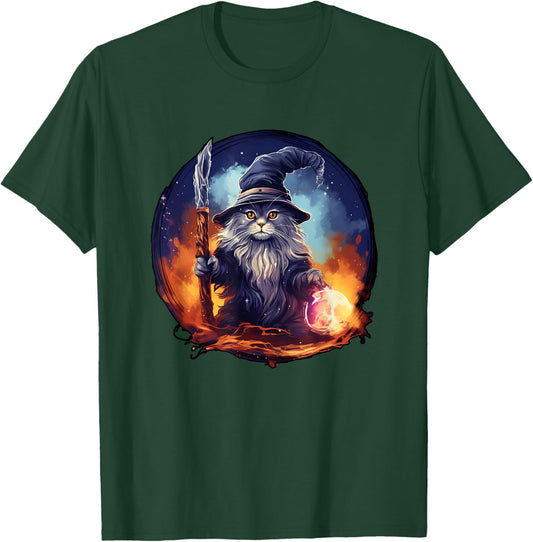 Magical Feline Sorcerer: Enchanting Wizard Cat T-Shirt - T-Shirt | Forest