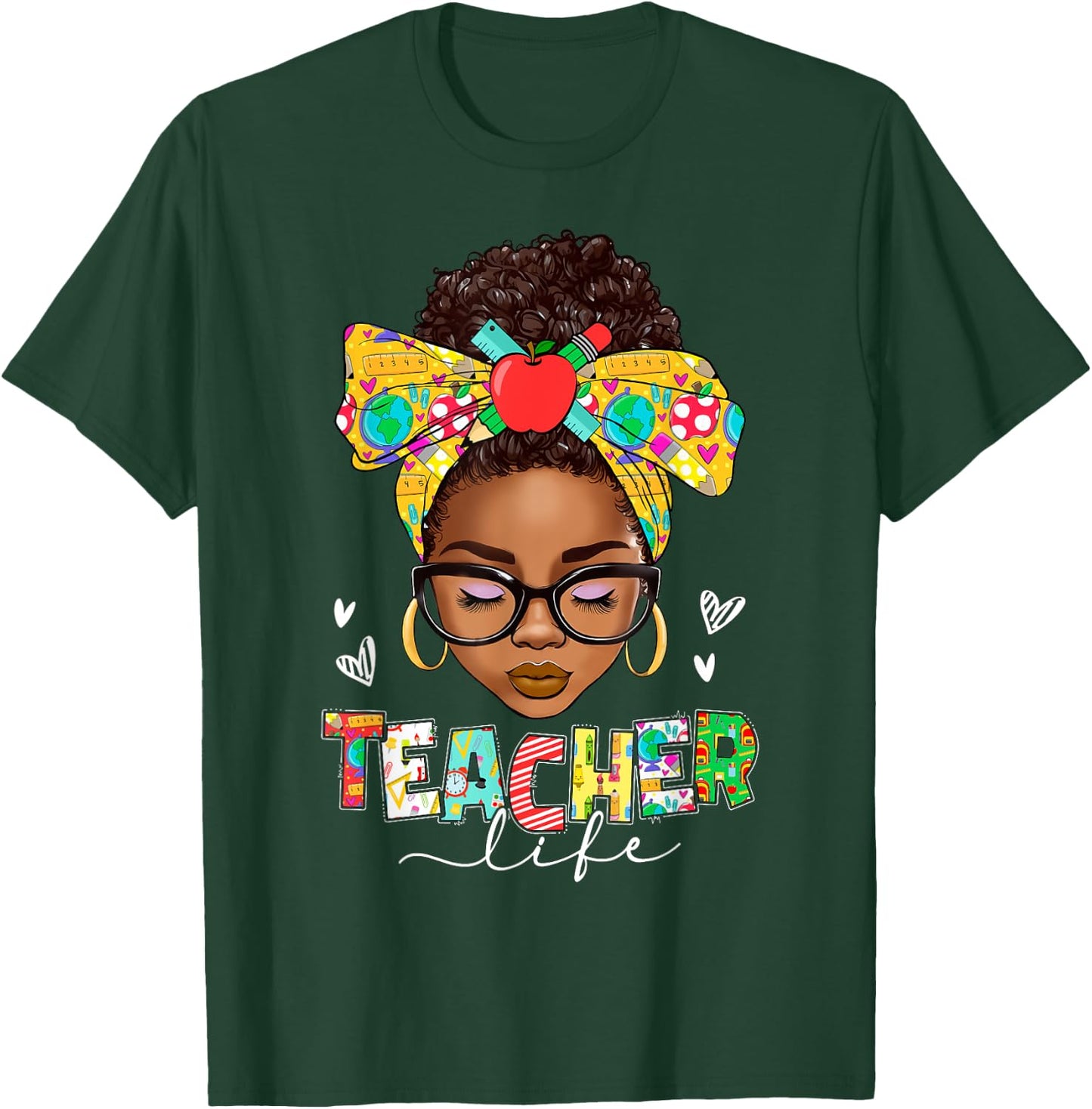 Teacher Life Messy Bun Afro African American Back To School T-Shirt - T-Shirt | Forest