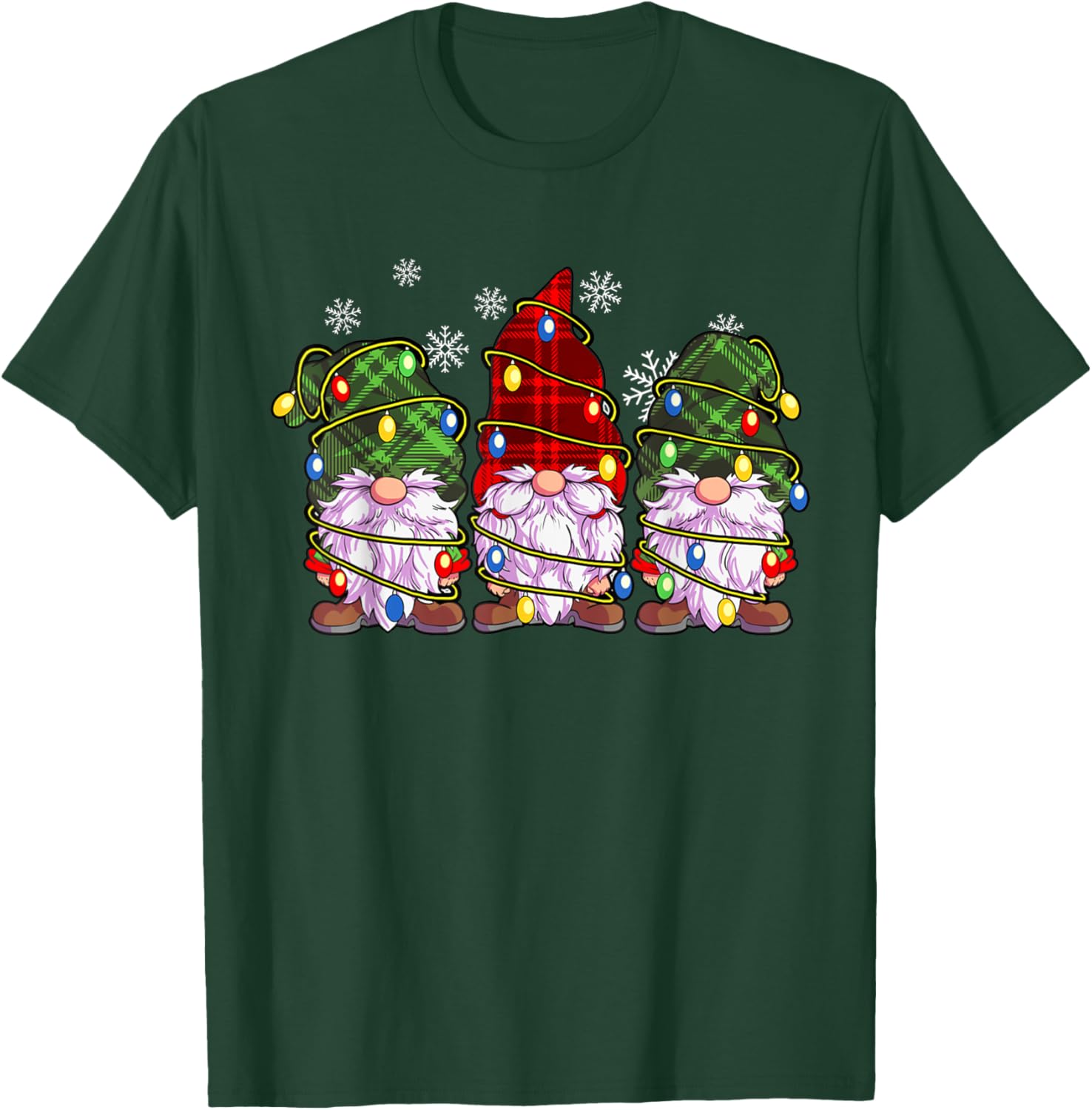 Three Gnomes Wearing Plaid Wrapped In Christmas Lights T-Shirt - T-Shirt | Forest
