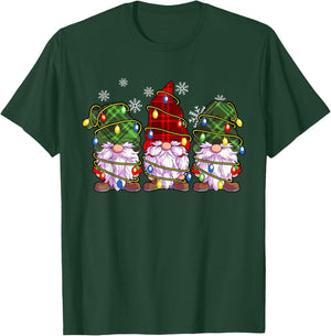 Three Gnomes Wearing Plaid Wrapped In Christmas Lights T-Shirt - T-Shirt | Forest