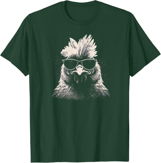 Cool Chicken With Sunglasses Sketch Punk Stencil Rooster T-Shirt - T-Shirt | Forest