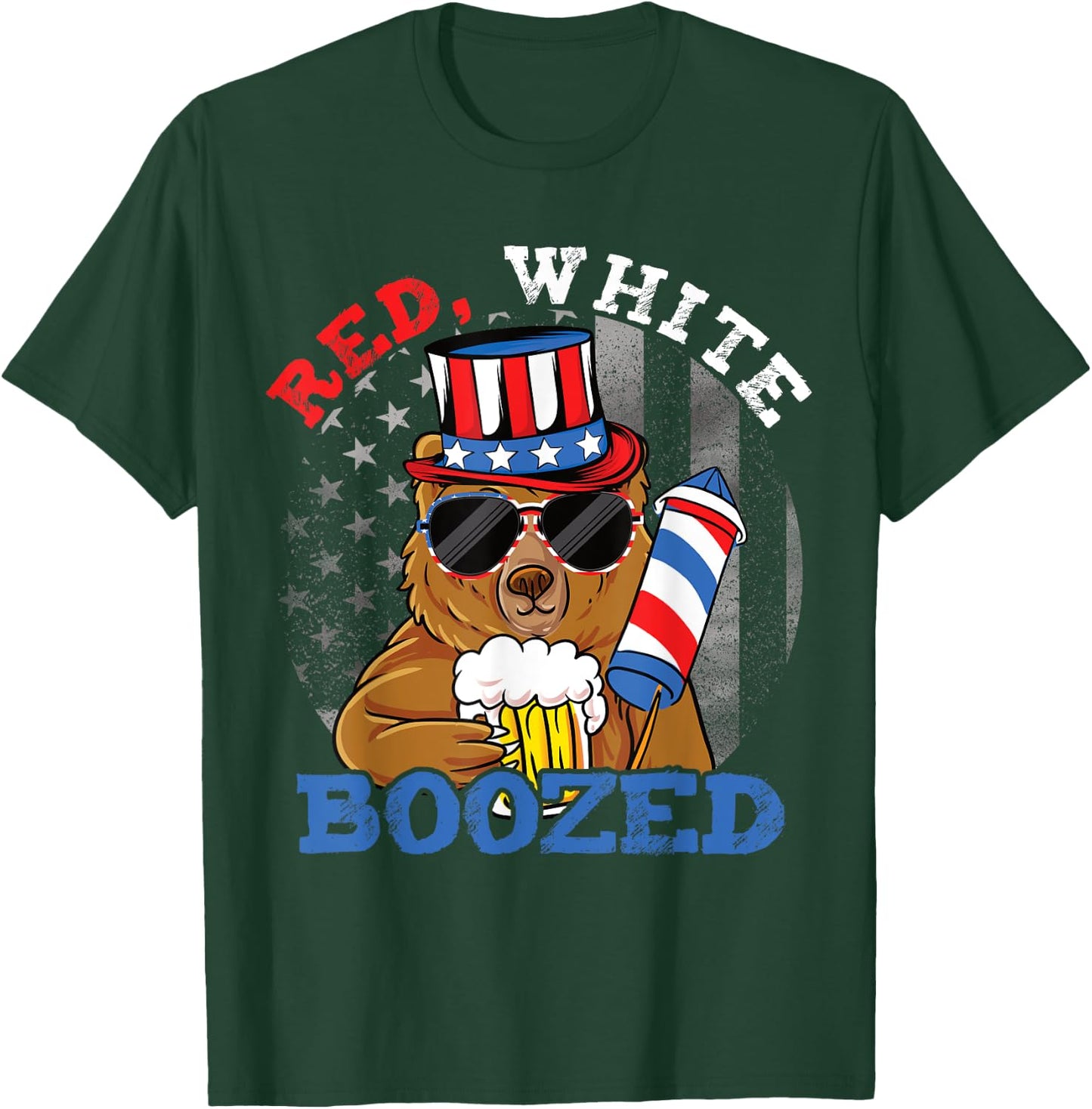 Red White Boozed Funny Bear Booze US 4th of July T-Shirt - T-Shirt | Forest