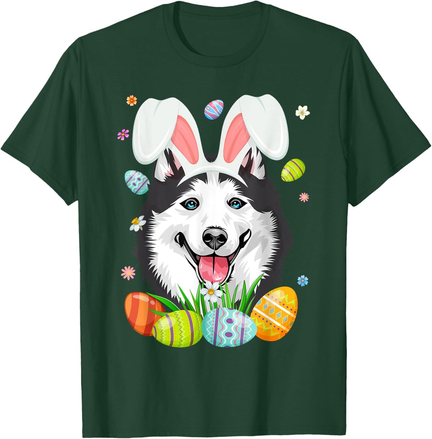Cute Bunny Siberian Husky Dog Head & Easter Egg Easter Day Women Girls Kids T-Shirt - T-Shirt | Forest