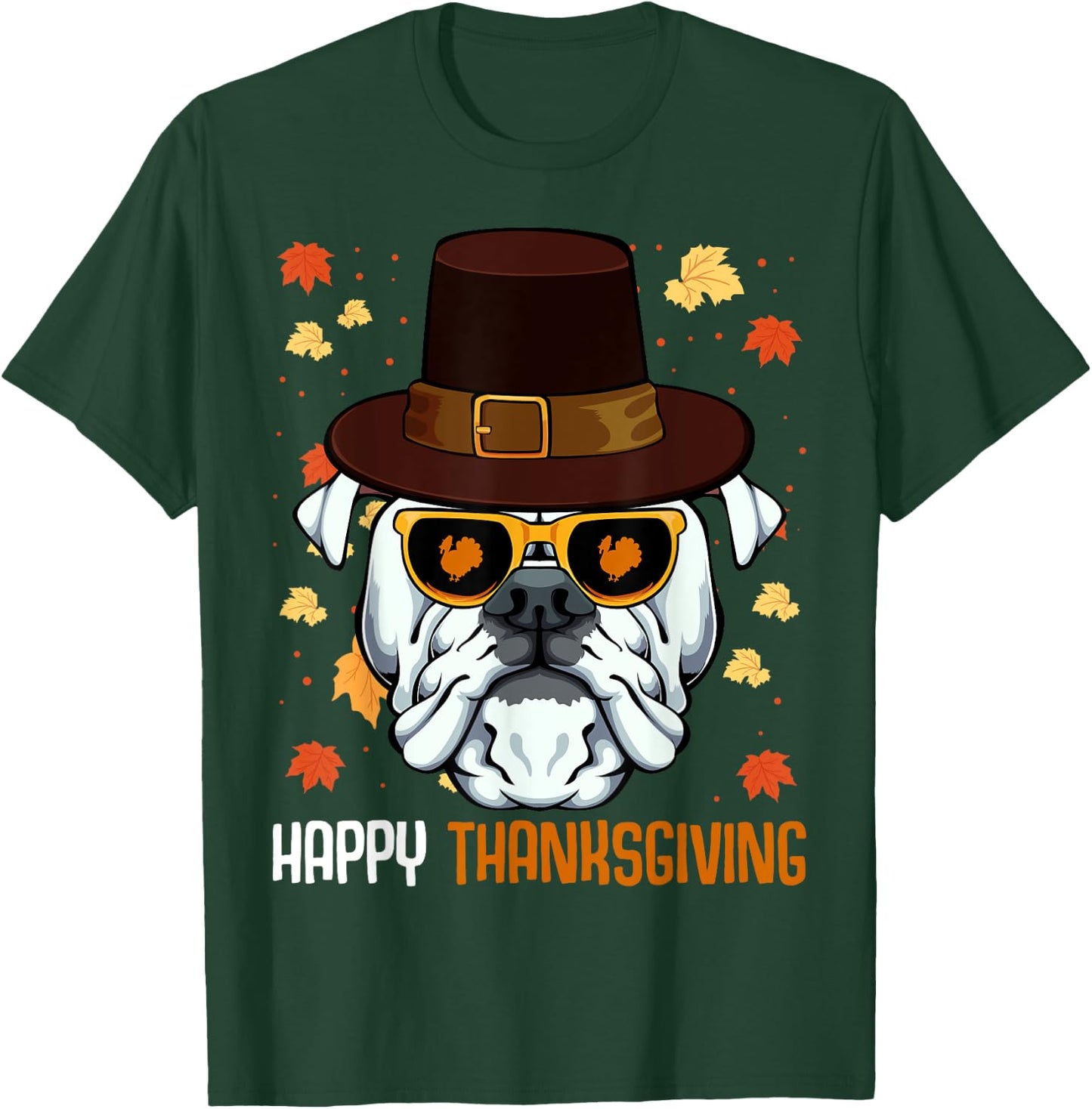English Bulldog On Sunglasses Thanksgiving Day Dog Turkey T-Shirt - T-Shirt | Forest
