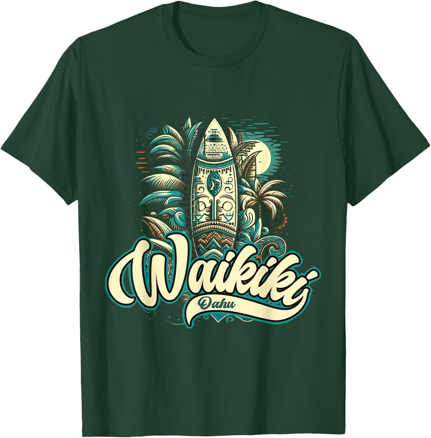 Waikiki Beach Polynesian Hawaii Surf Design T-Shirt - T-Shirt | Forest
