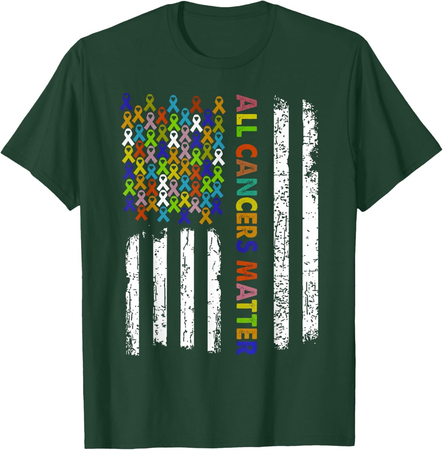 All Cancers Matter Cancer Awareness Ribbon USA Flag T-Shirt - T-Shirt | Forest