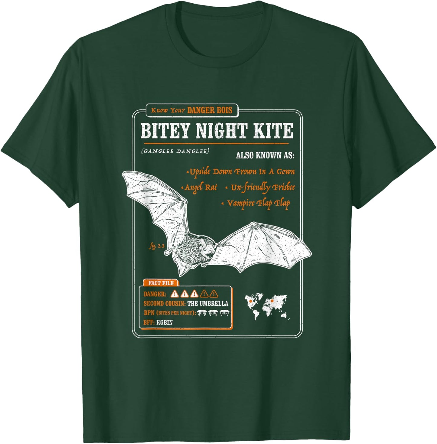 Funny Bat Fact File - Bitey Night Kite T-Shirt - T-Shirt | Forest