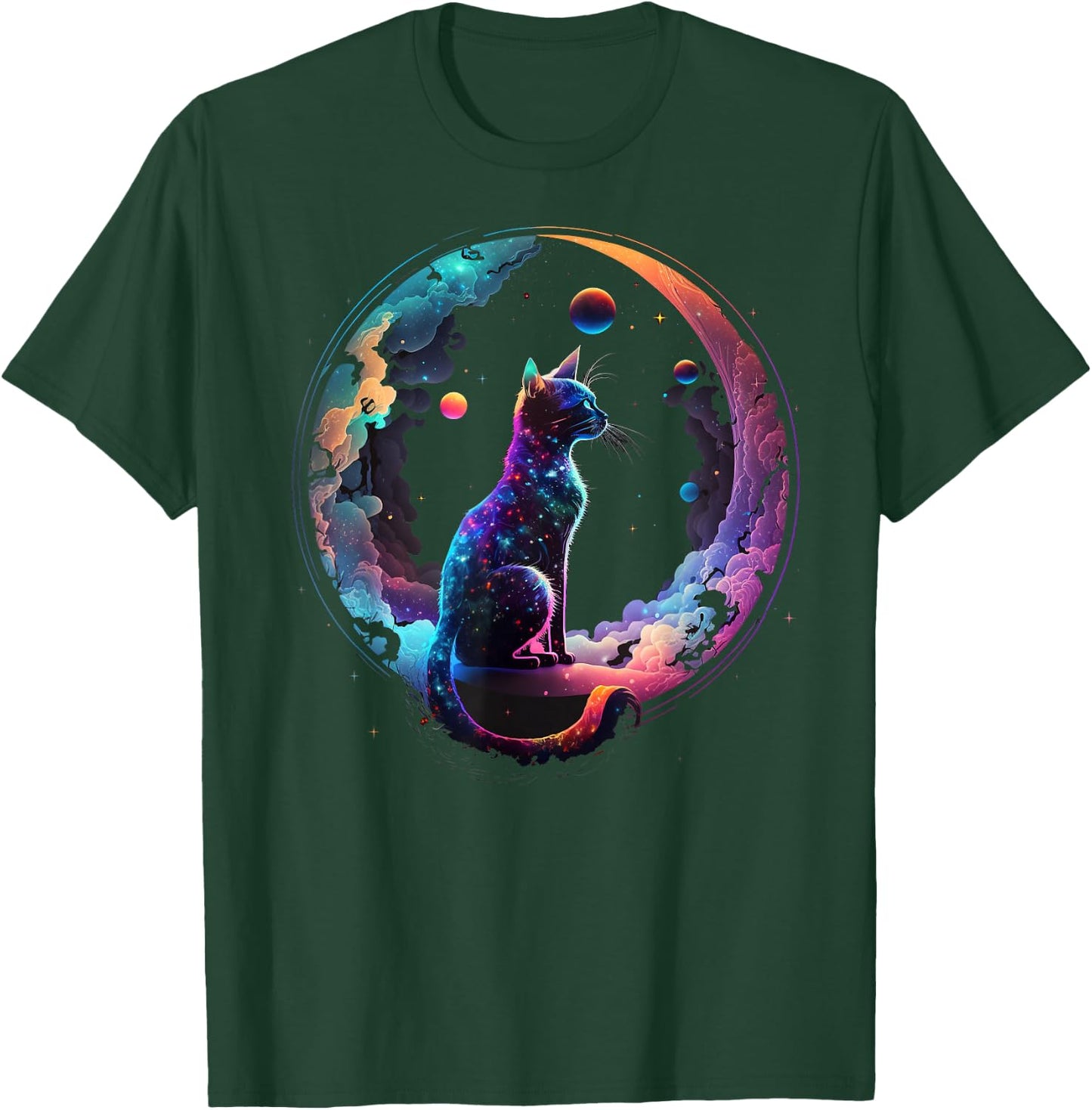 Cosmic Cat Cool Colorful Crescent Moon and Clouds Kitten T-Shirt - T-Shirt | Forest