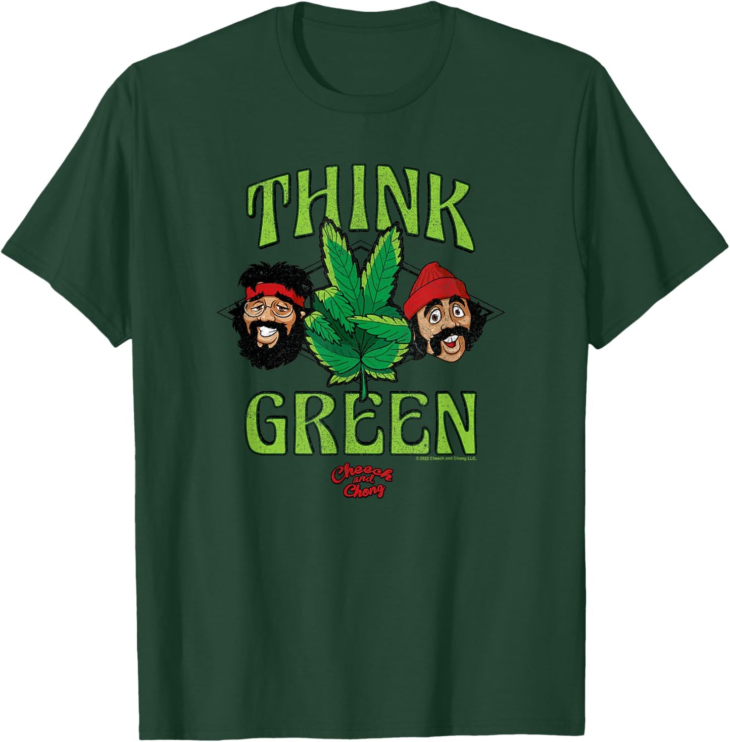 Cheech & Chong Think Green Weed Plant Making Peace Sign T-Shirt - T-Shirt | Forest