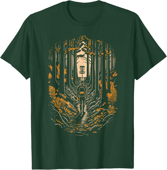 Disc Golf Forest Course Wilderness Golfer Sunset T-Shirt - T-Shirt | Forest