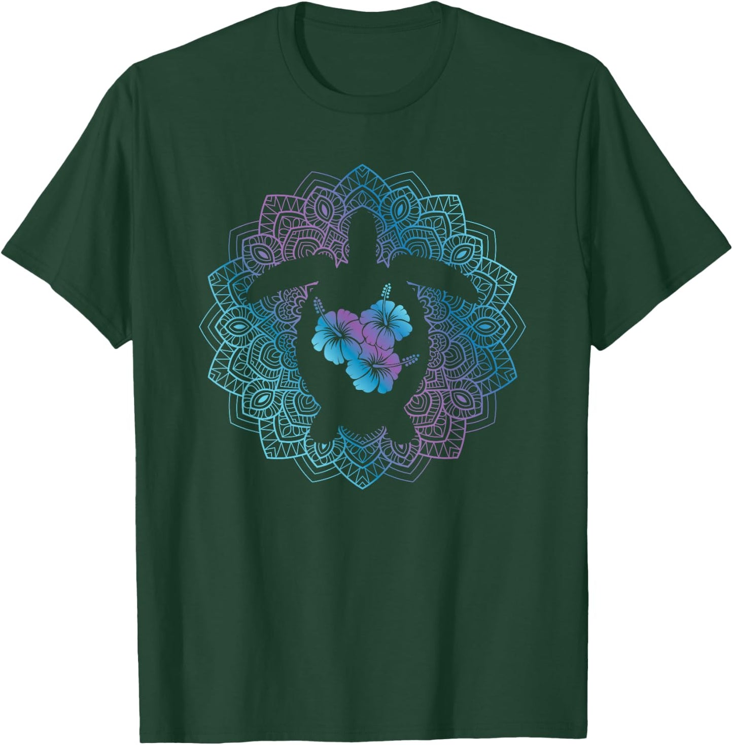 Sea Turtle Mandala Ocean Animal Tropical Hawaiian Hibiscus T-Shirt - T-Shirt | Forest