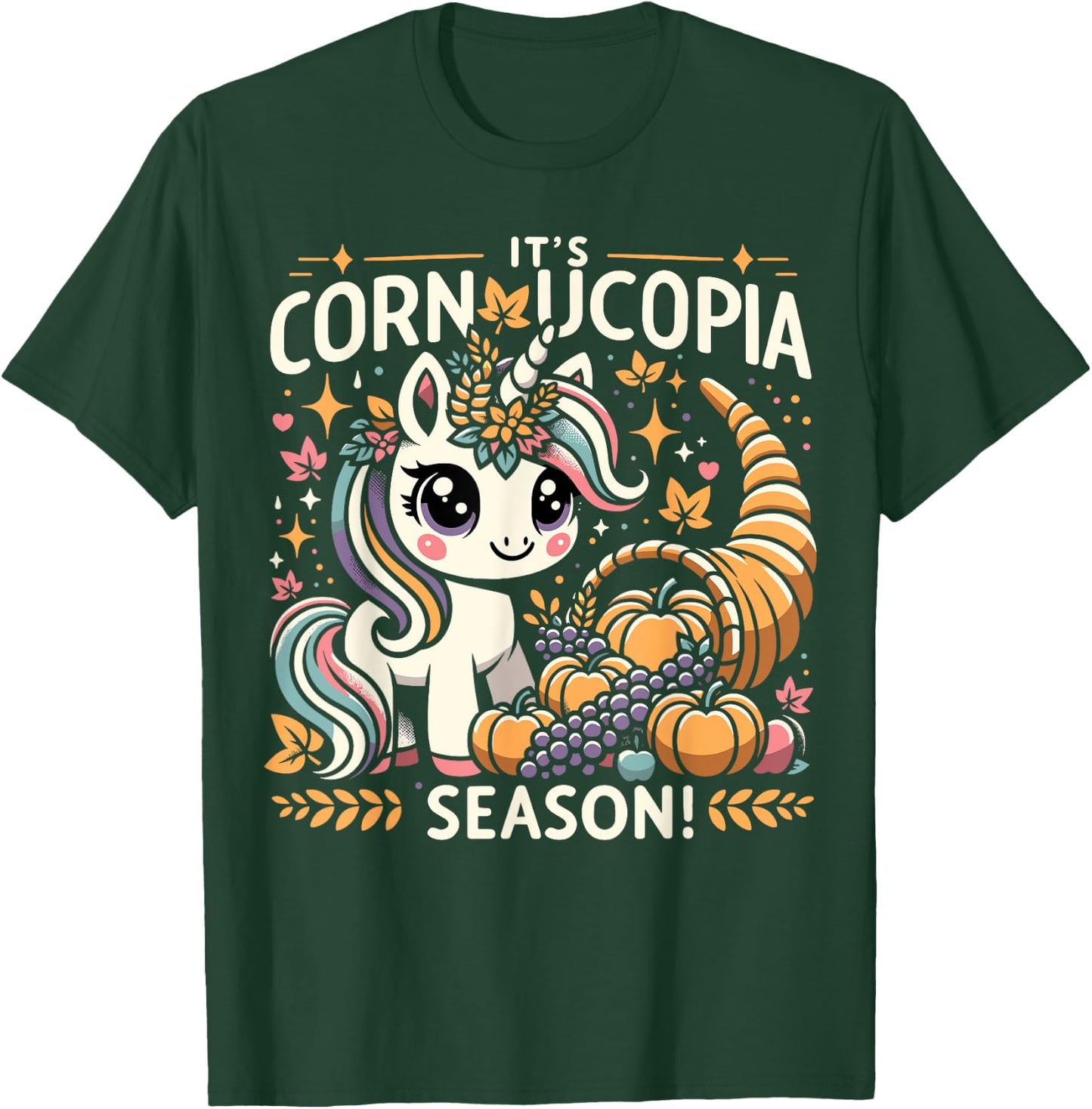 Cute Cornucopia Unicorn Thanksgiving Day Kids Men Women T-Shirt - T-Shirt | Forest