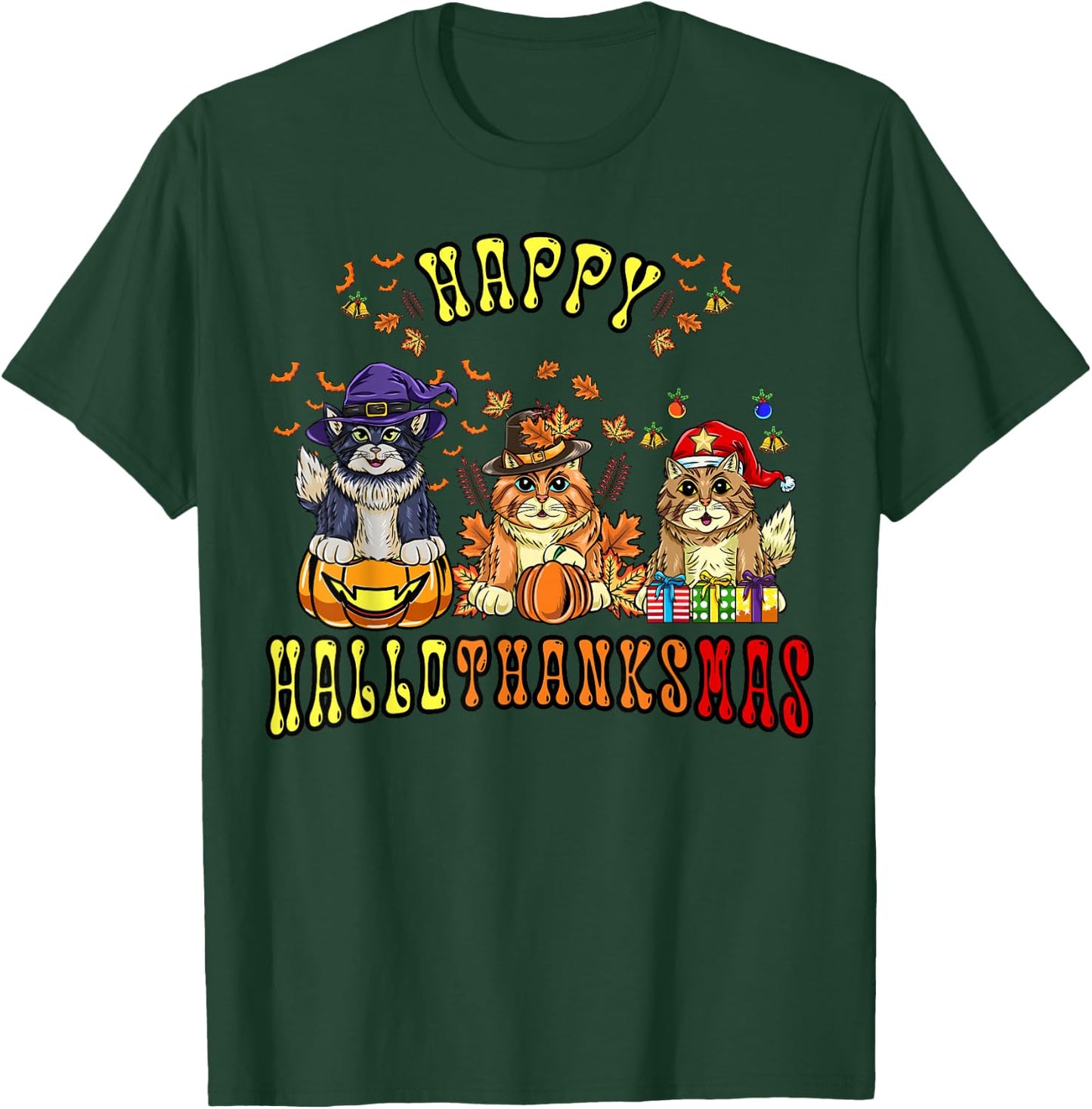 Happy Hallothanksmas Cats Halloween Thanksgiving Christmas T-Shirt - T-Shirt | Forest