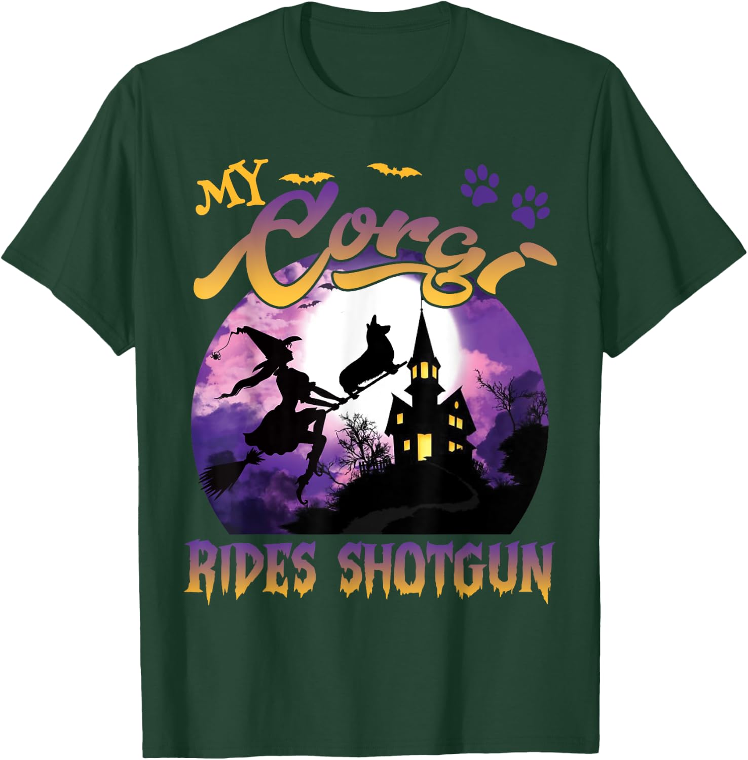 My Corgi Rides Shotgun Cool Halloween Protector Witch Dog Men Women Kids T-Shirt - T-Shirt | Forest
