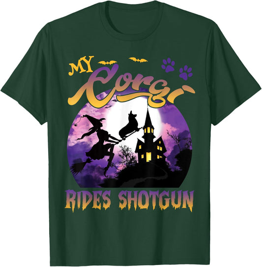 My Corgi Rides Shotgun Cool Halloween Protector Witch Dog Men Women Kids T-Shirt - T-Shirt | Forest