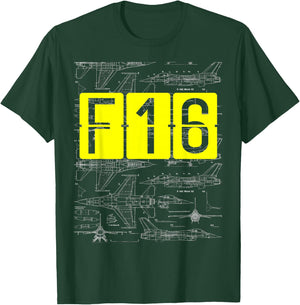 F16 Jet Aircraft Fighter Jet Blueprint Design T-Shirt - T-Shirt | Forest