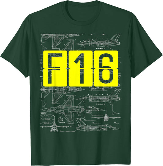 F16 Jet Aircraft Fighter Jet Blueprint Design T-Shirt - T-Shirt | Forest