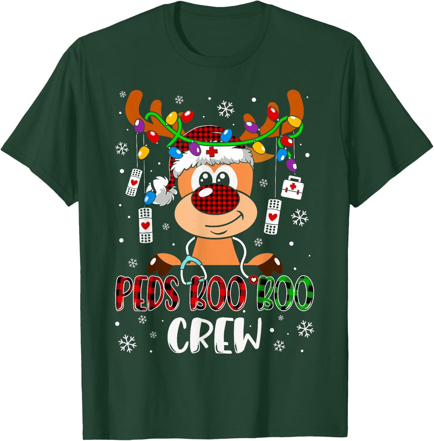 Peds Nurse Boo Crew Reindeer Nurse Buffalo Plaid Christmas T-Shirt - T-Shirt | Forest