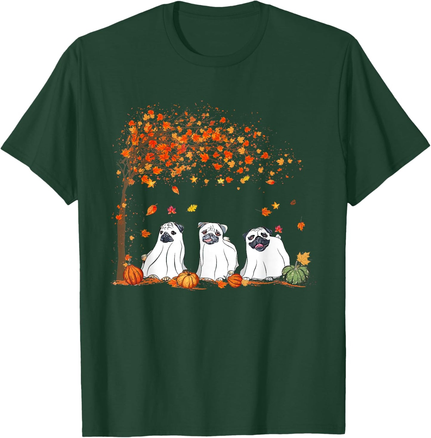 Pug Ghost Cute Under Fall Tree Halloween Autumn Dog Lovers Men Women T-Shirt - T-Shirt | Forest