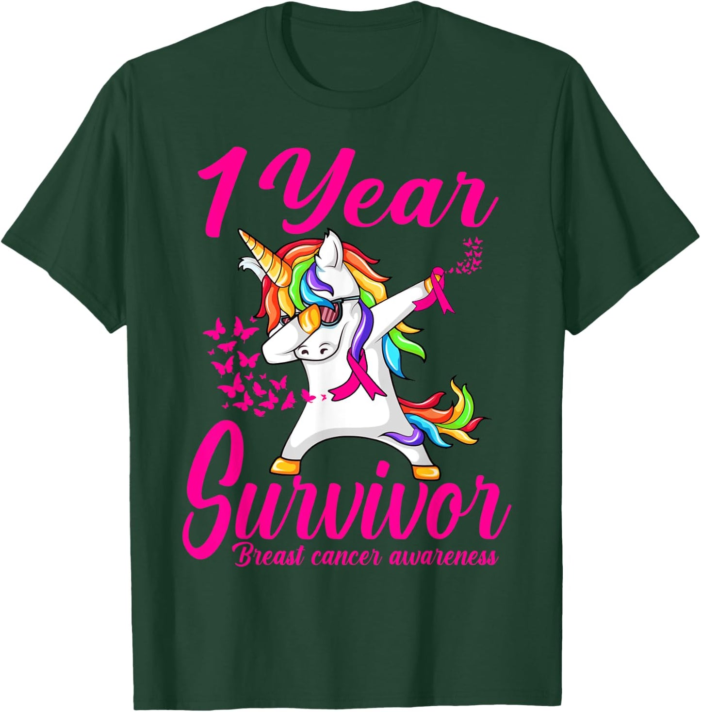 One 1 Years Survivor Breast Cancer Awareness Unicorn T-Shirt - T-Shirt | Forest