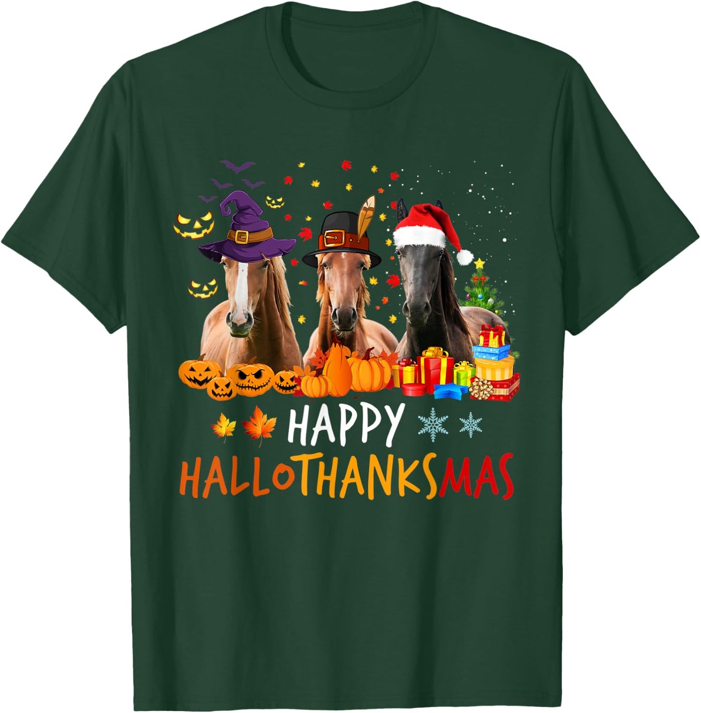 Horse Halloween Happy HalloThanksMas Thanksgiving Horses T-Shirt - T-Shirt | Forest