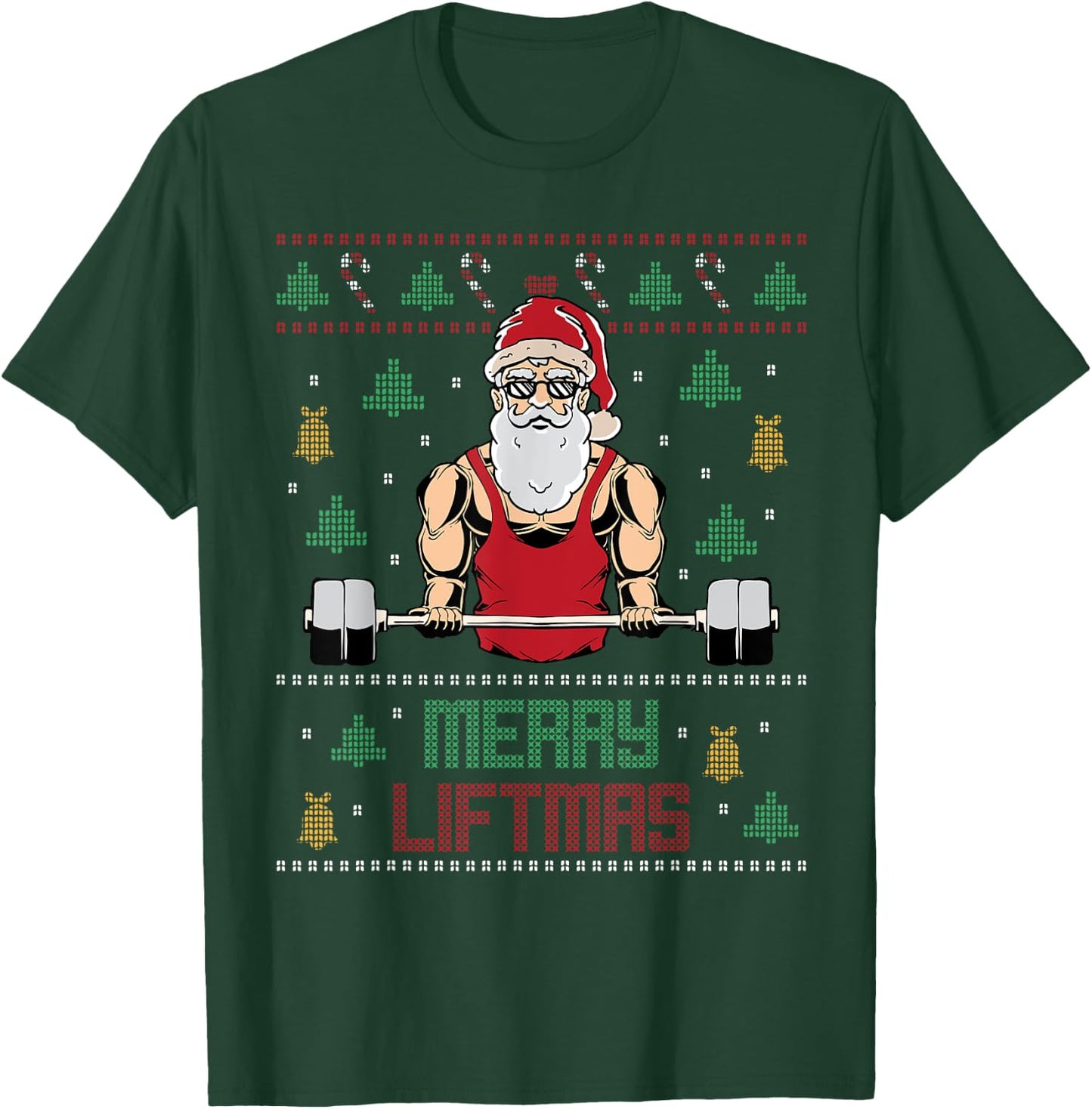 Merry Liftmas Ugly Christmas Sweater Weightlifting Gym Santa T-Shirt - T-Shirt | Forest