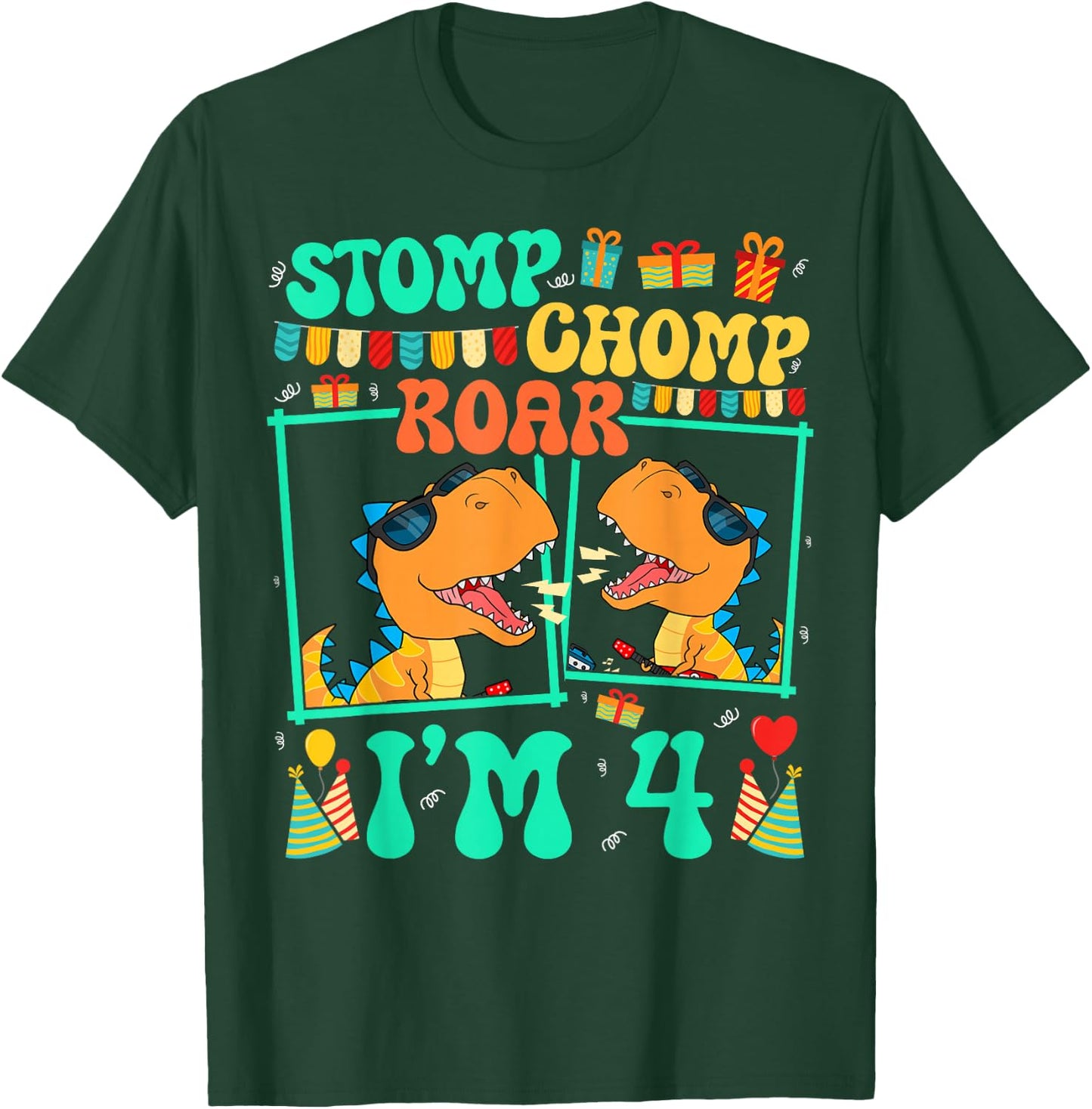 Stomp Chomp Roar I'm 4 Guitar Dinosaur Kid 4th Birthday T-Shirt - T-Shirt | Forest