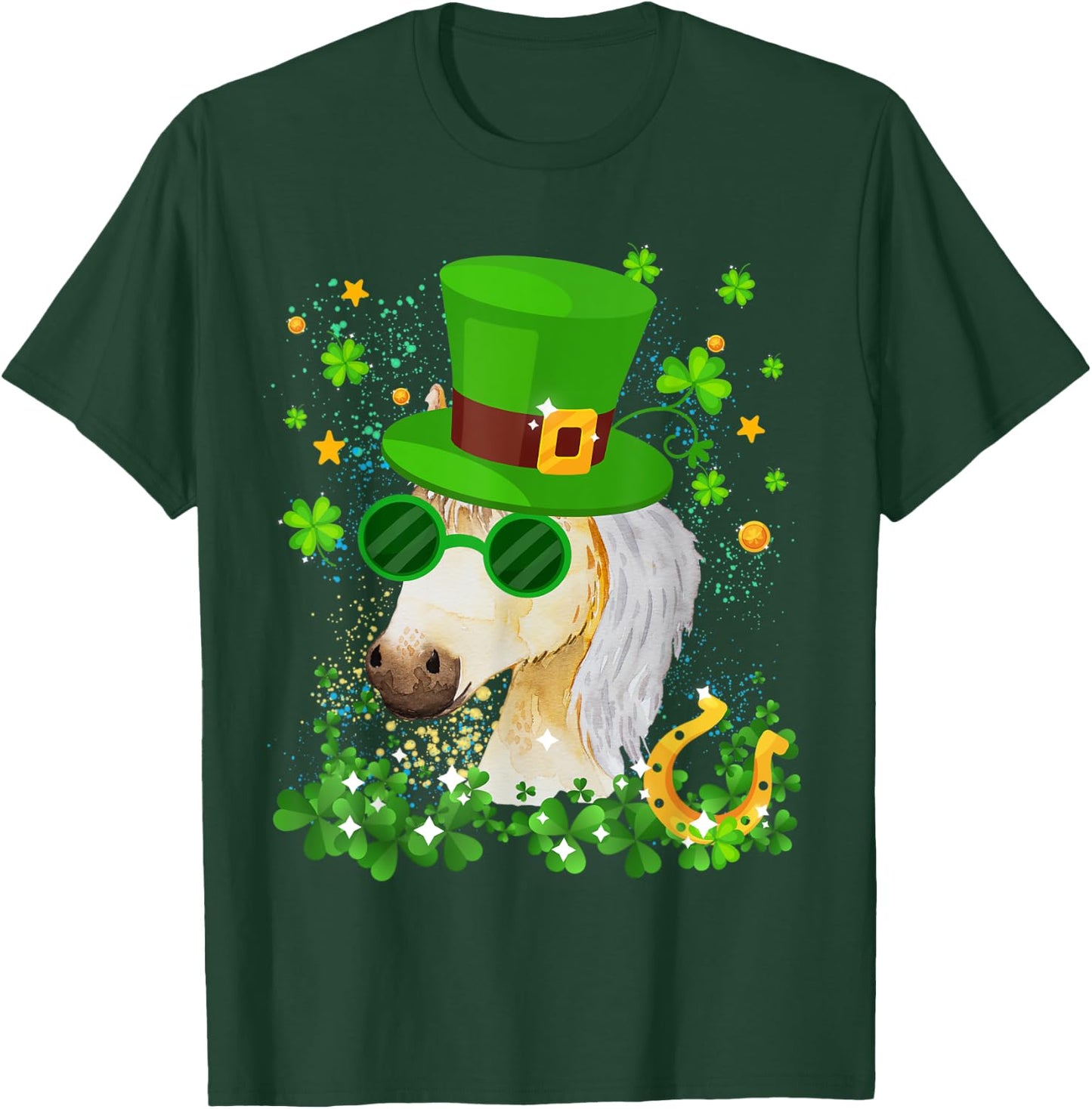 St Patricks Day Lucky Shamrock Cute Famer Horse Girls Kids T-Shirt - T-Shirt | Forest