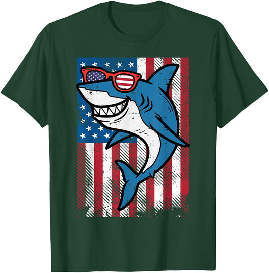 4th July Shark US Flag Independence Day America Men Boys Kid T-Shirt - T-Shirt | Forest