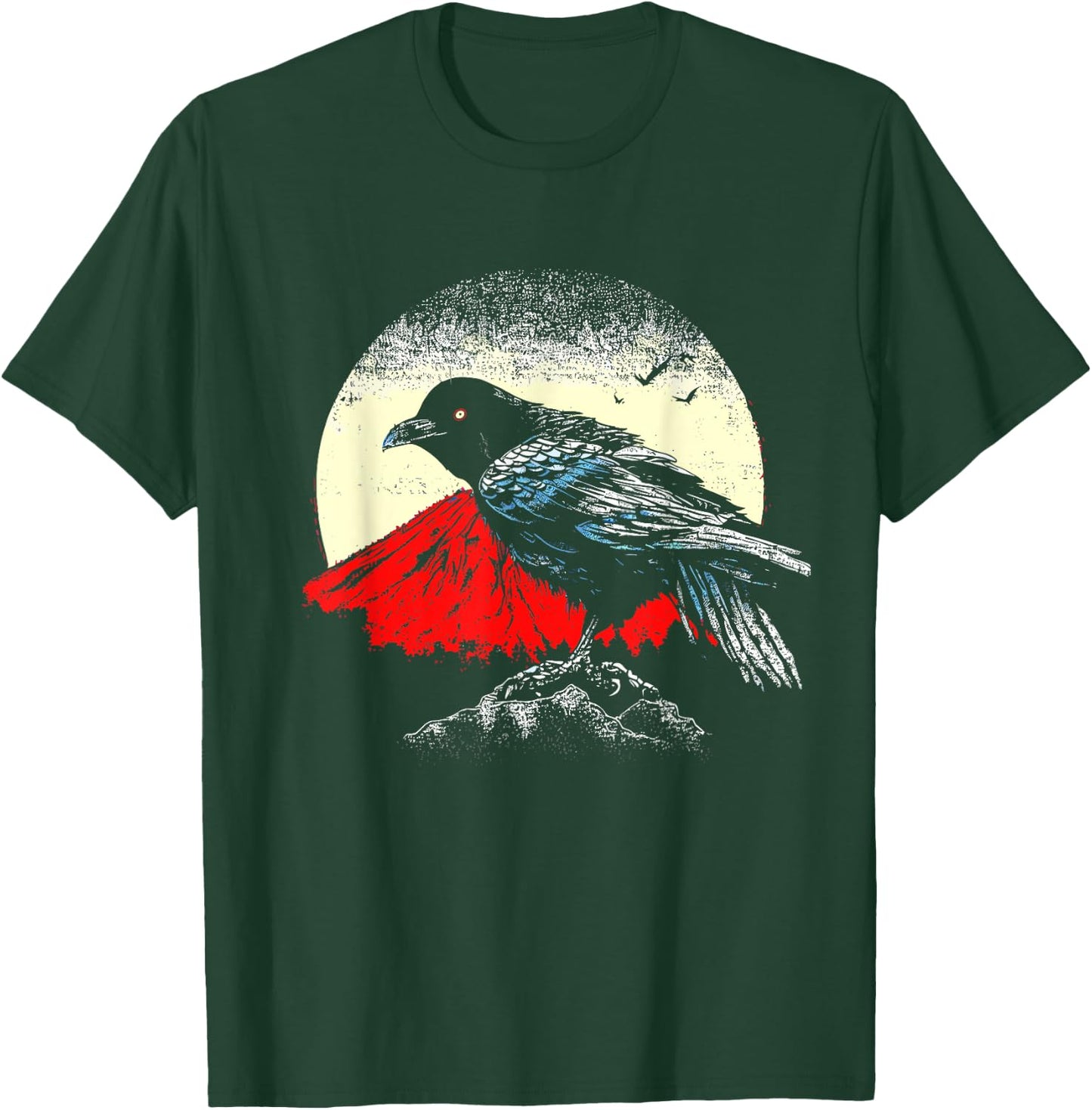 Japanese Art Black Crow Raven Red Moon - Retro Bird T-Shirt - T-Shirt | Forest