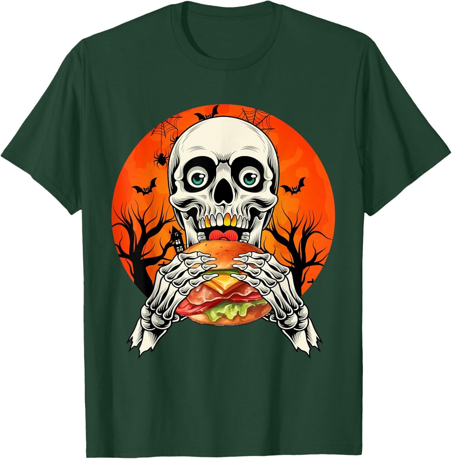 Horror Skeleton Eating Hamburger Halloween Costume Foodies T-Shirt - T-Shirt | Forest