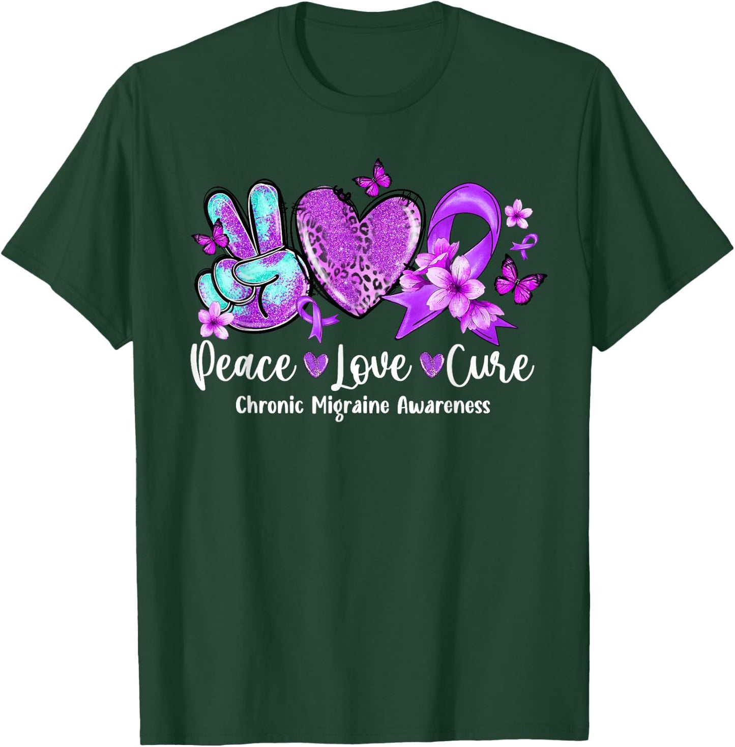Peace Love Cure Purple Ribbon Chronic Migraine Awareness T-Shirt - T-Shirt | Forest
