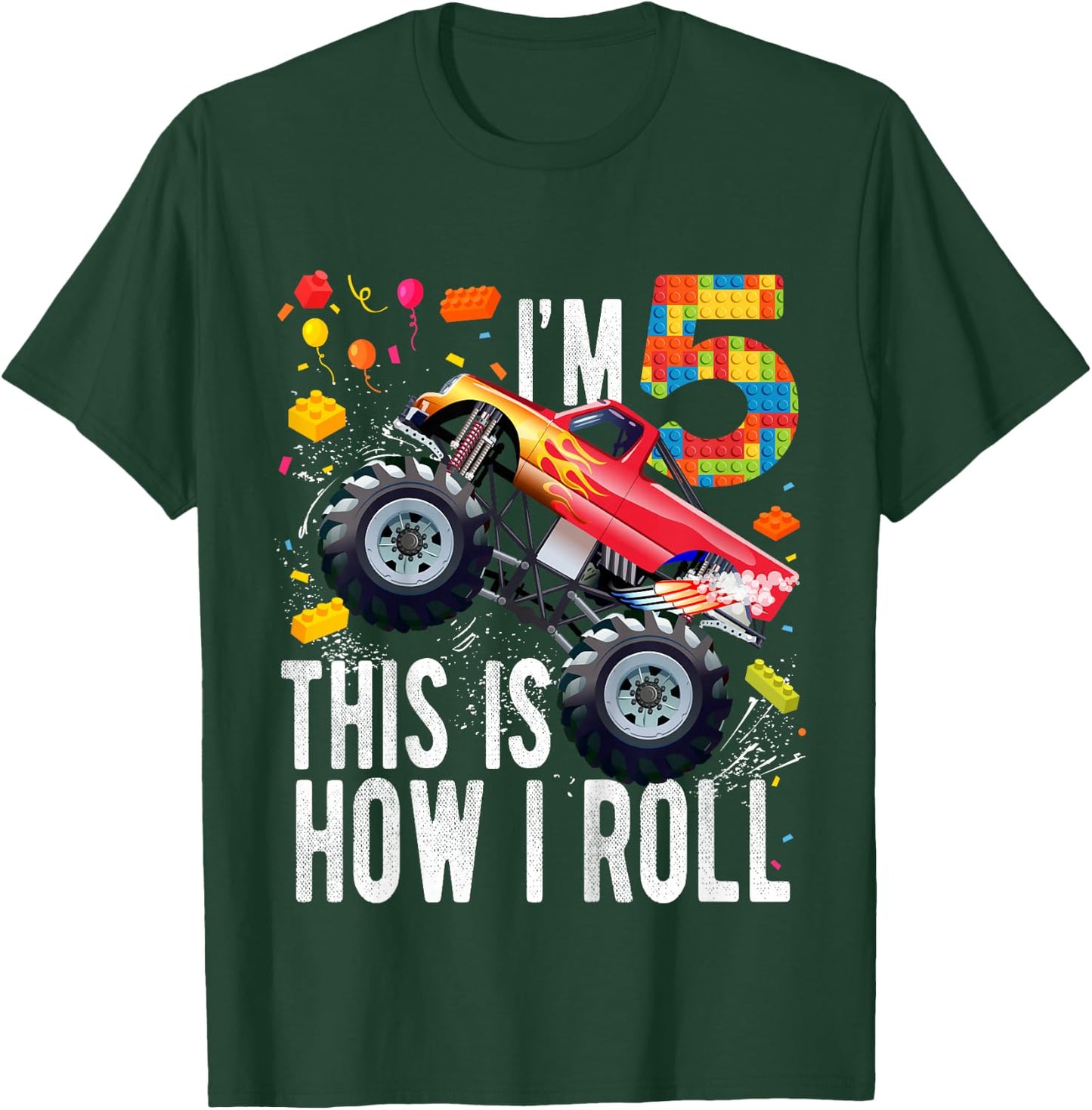Kids 5 Year Old Building Blocks Monster Truck 5th Birthday Boy T-Shirt - T-Shirt | Forest