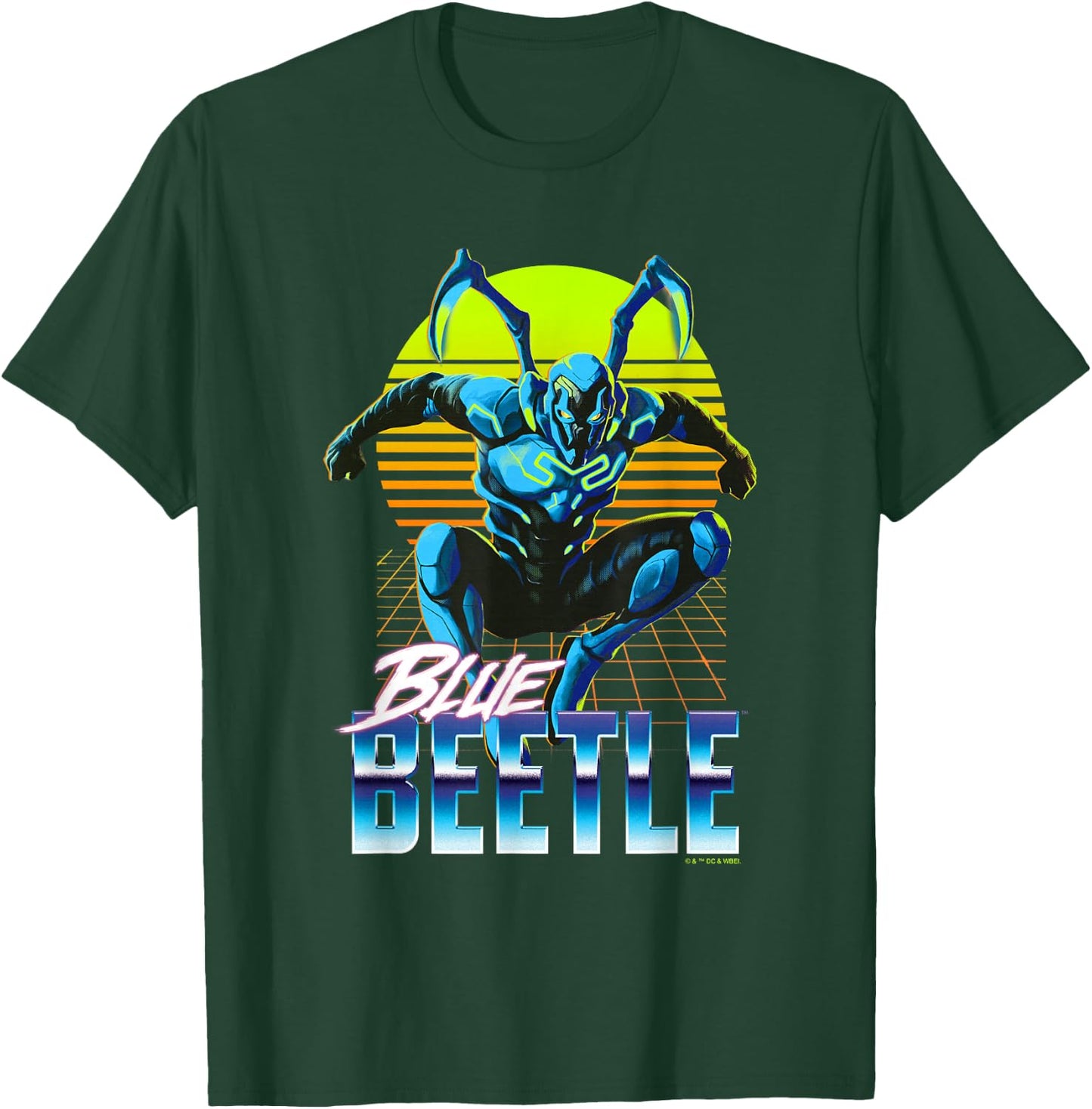 Blue Beetle Jumping Into Action Neon Gridline Background T-Shirt - T-Shirt | Forest