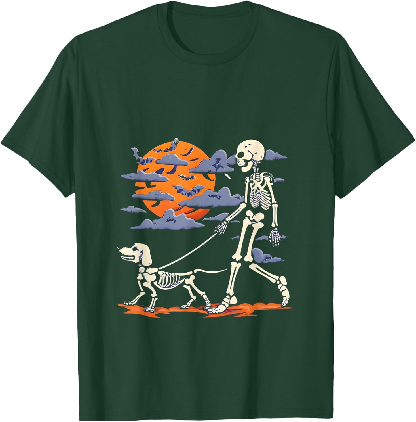Skeleton man Skeleton Dog Walking Halloween Costume moon T-Shirt - T-Shirt | Forest