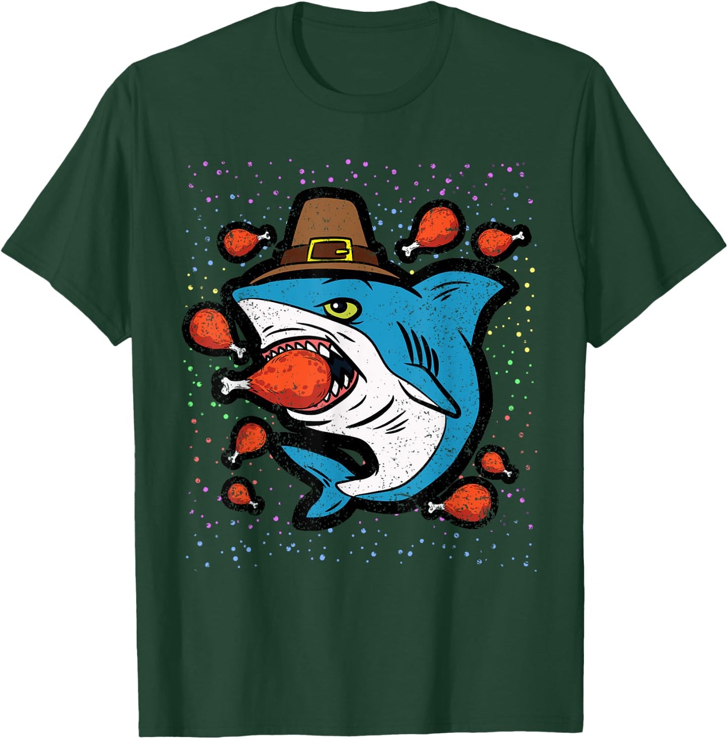 Shark Eating Turkey Leg Thanksgiving Day Funny Fall Autumn T-Shirt - T-Shirt | Forest