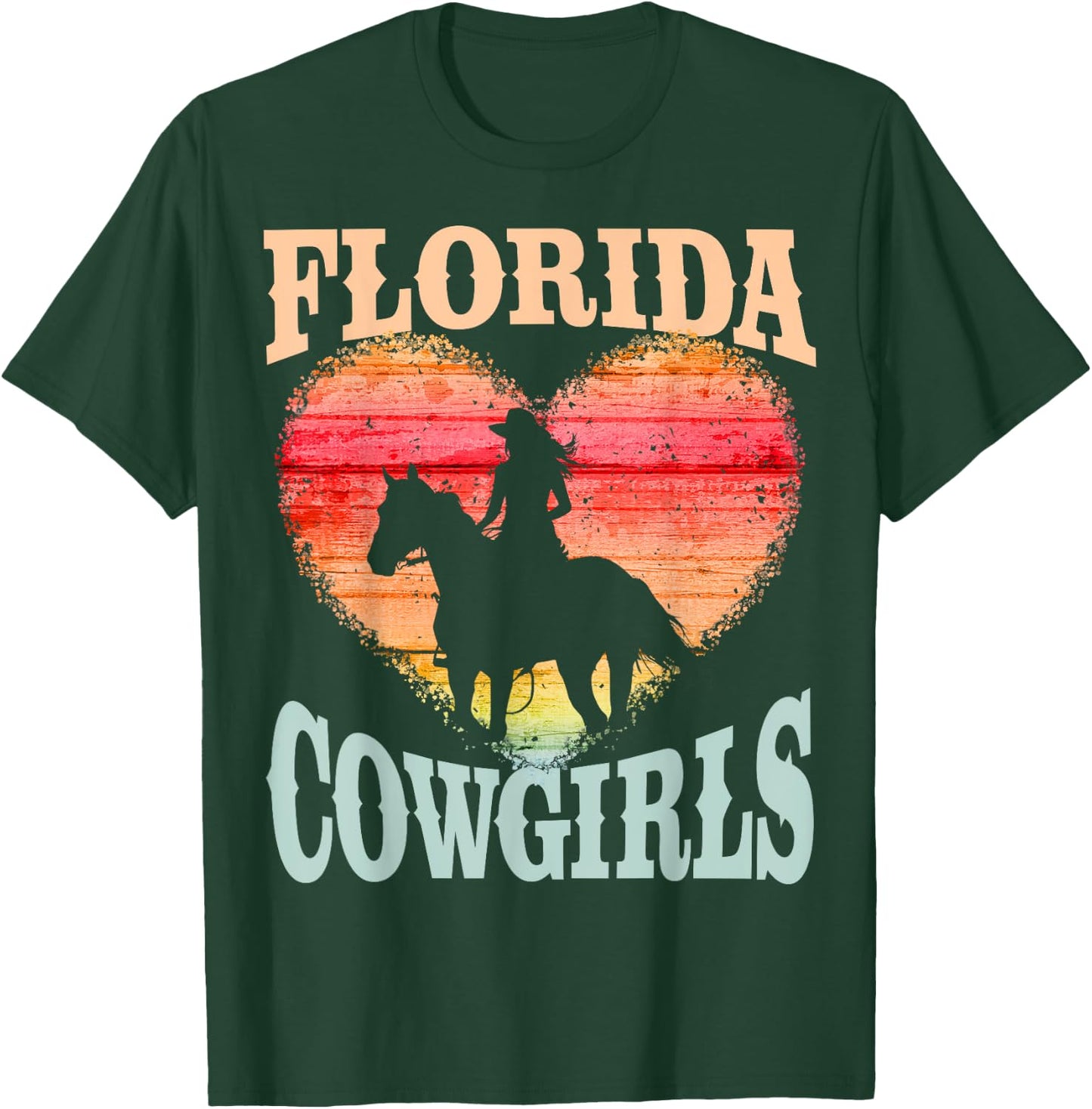 Florida Cowgirls Girl Riding Horse Silhouette Ombre Heart T-Shirt - T-Shirt | Forest