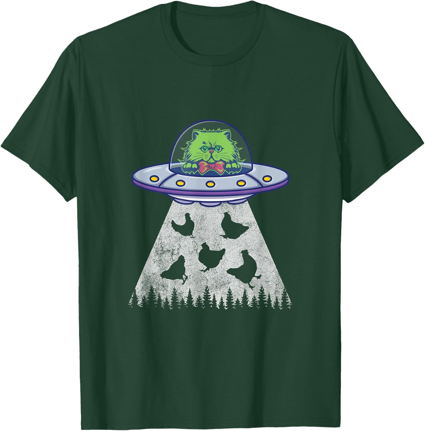 Cat Abduction Chicken Funny UFO Alien Lover Vintage Distress T-Shirt - T-Shirt | Forest