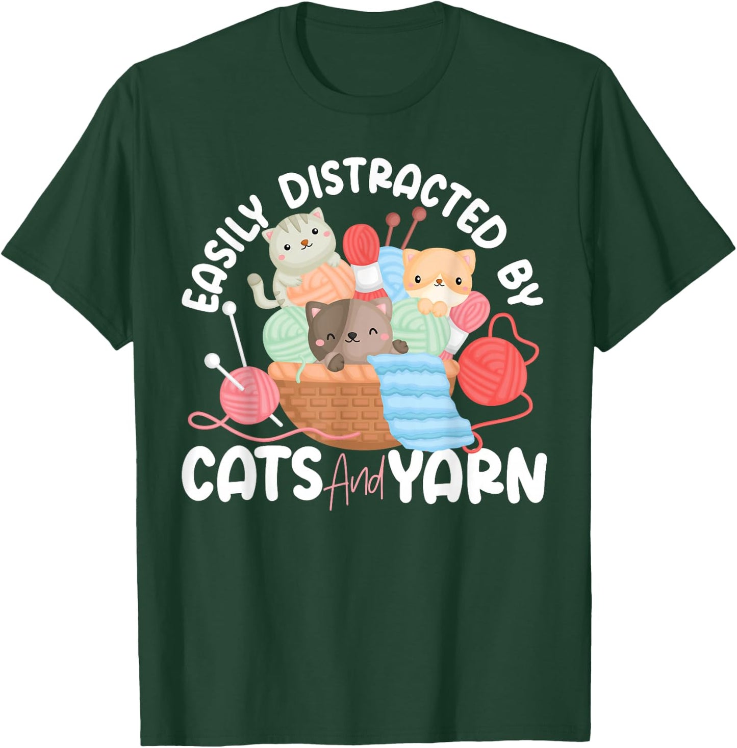 Knitting Knitter Cat Easily Distracted by Cats and Yarn T-Shirt - T-Shirt | Forest
