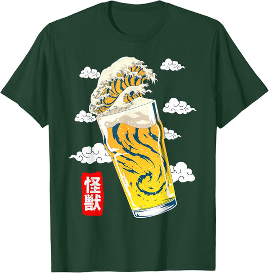 GoshWow The Great Beer Wave Kanagawa Retro Kanji Japanese Beer T-Shirt - T-Shirt | Forest