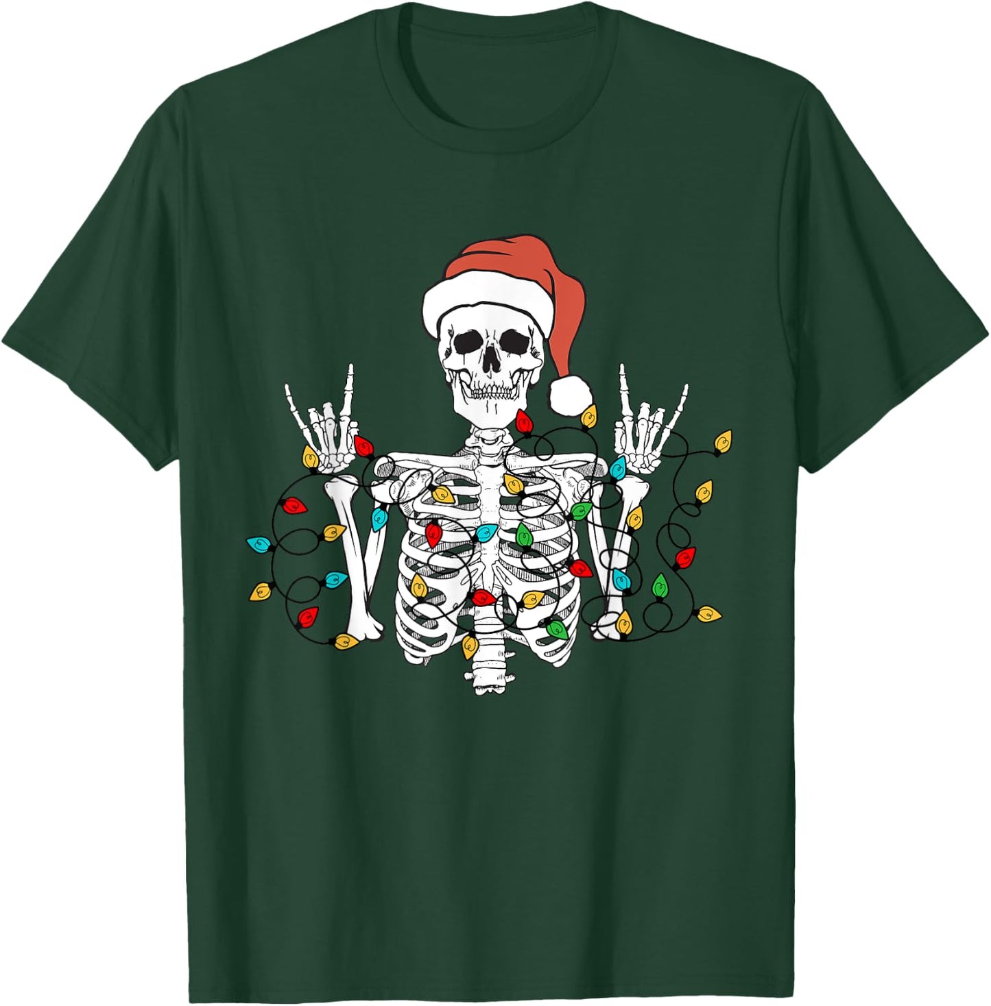 Christmas Skeleton Rocker Wrapped in Xmas Lights Santa Hat T-Shirt - T-Shirt | Forest